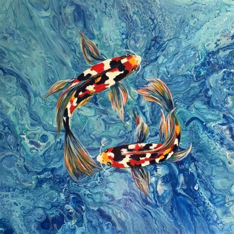 Koi Fish Art Acrylic Pour Painting On Canvas Fluid Art Etsy In