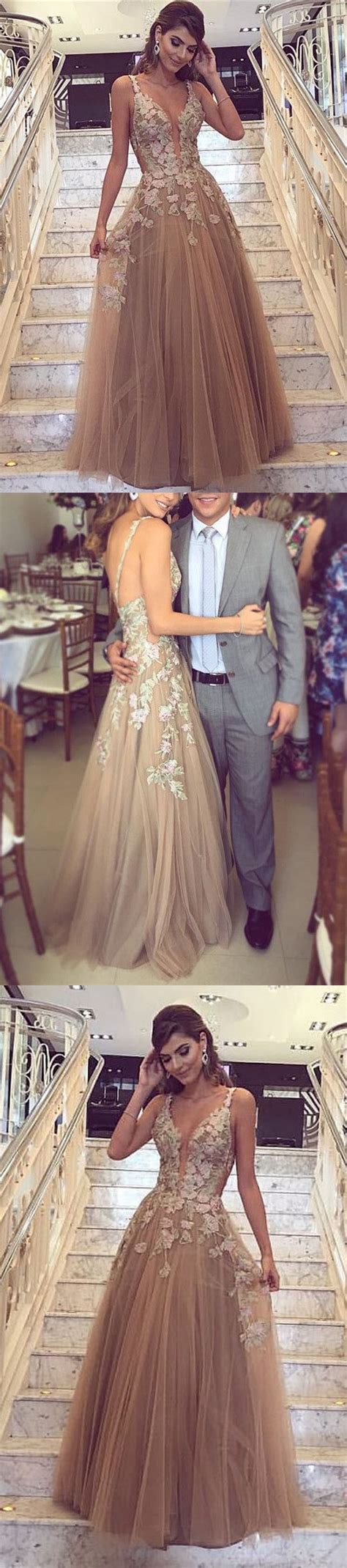 a line deep v neck champagne tulle prom dress with appliques m1062 on luulla