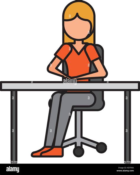 Cartoon Chica Sentada En Una Silla Con Mesa De Oficina Imagen Vector De