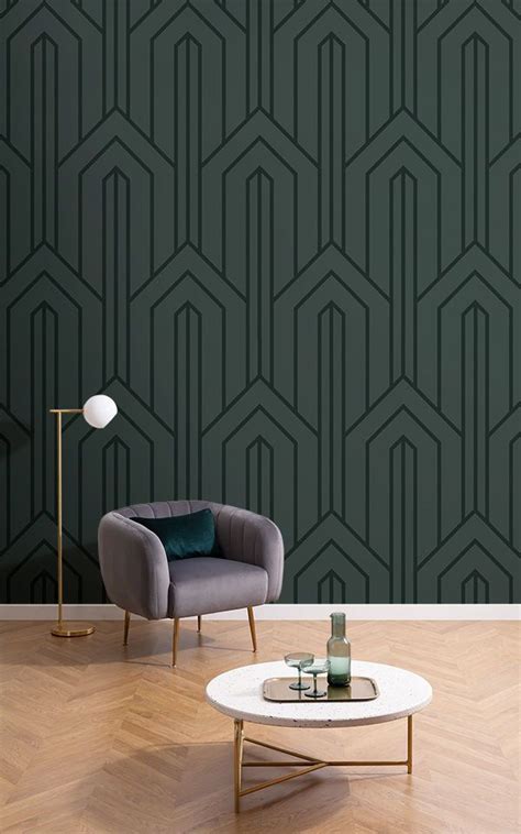 Dark Green Art Deco Line Art Wallpaper Mural Hovia Interior Deco