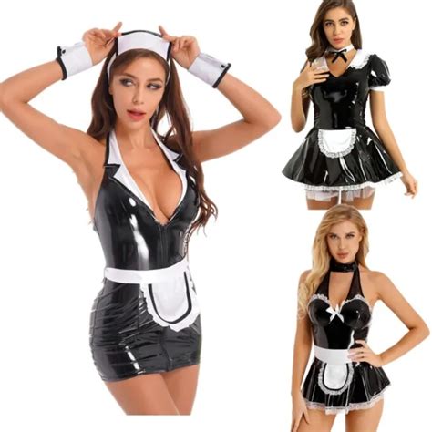 Women Maid Fancy Costume Wet Look Pvc Leather Dress French Apron