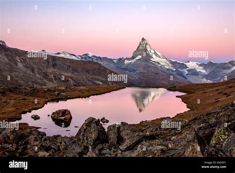 Matterhorn Reflected In Stellisee Zermatt Canton Of Valais Pennine