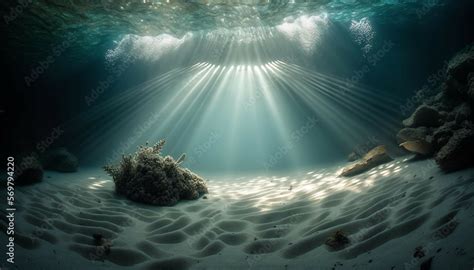 Underwater Scene Of The Deep Ocean Floor Rays Of Light Shimmer Through The Water Illuminating