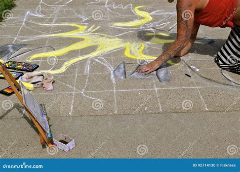 Chalk Artist Sketches Portrait Onto Sidewalk Editorial Photo