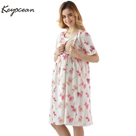 Keyocean Womens Maternity Dress 100 Cotton Soft Breastfeeding Nightgown Short Sleeve