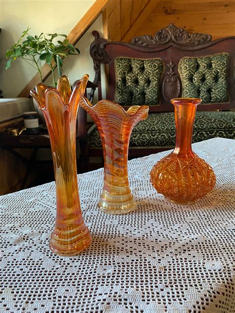 Orange Carnival Glass Vases Etsy