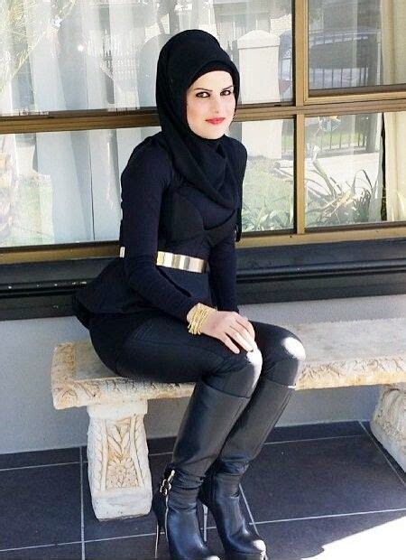 Muslima In All Black Outfit And Knee High Boots Arab Girls Hijab Girl