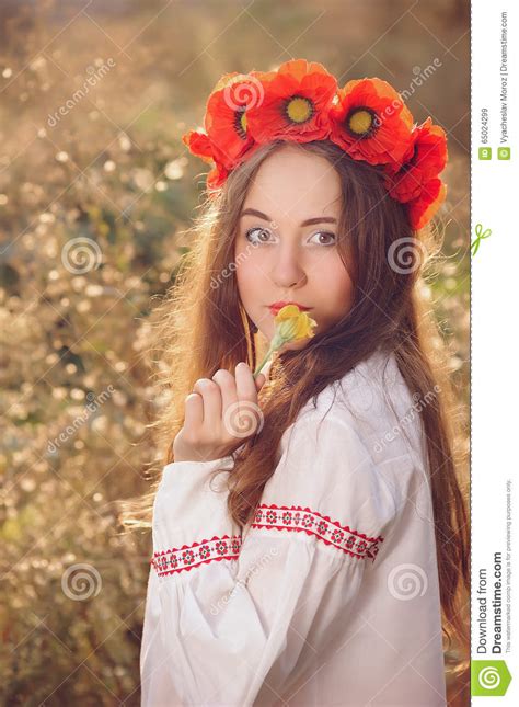 Girl In The Ukrainian National Native Costume With Flower Stock Image Image Of National Black