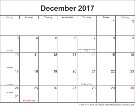 Printable Calendar December 2017 Printable Blank
