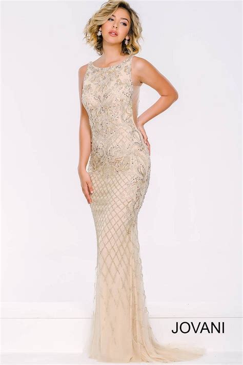 Jovani Dress Nude Long Fitted Beaded Side Cut Outs Sleeveless My Xxx
