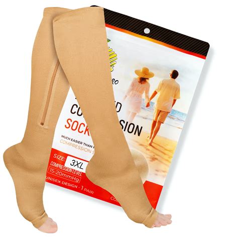 Zipper Compression Socks With Zip Guard Skin Protection And Open Toe Sizes Med To 6xl 15 20mmhg