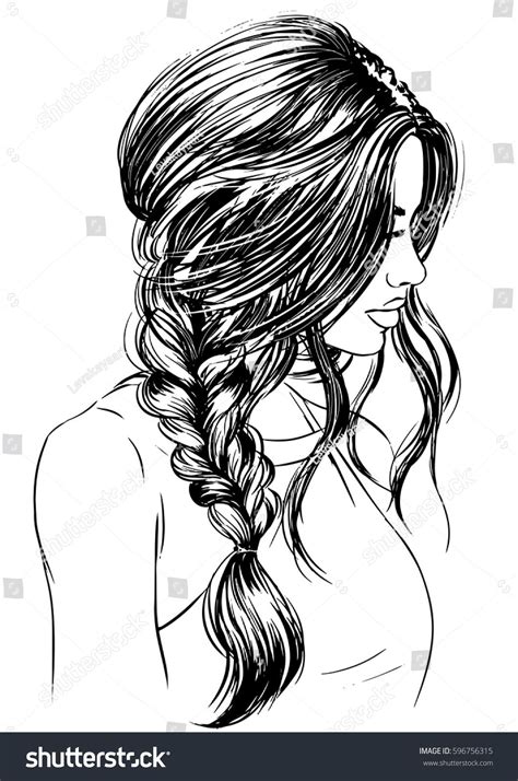 Красота женщина с роскошной длинной косой прически Love Drawings Ink