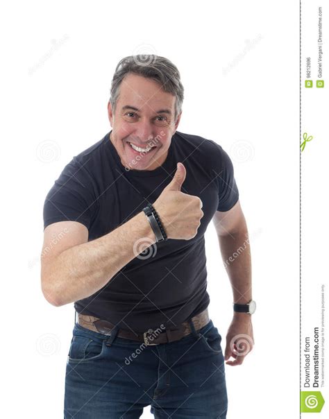 Middle Aged Man Wears Black T Shirt He Is Gesturing With His Th Stock