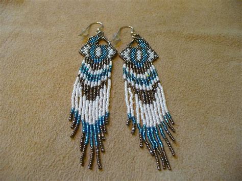 Native American Style Brick Stitched Geometric Design Earrings In Teal