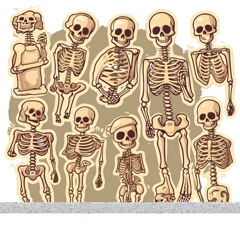 Skeletons In All Poses On A Beige Beige Background Vector Clipart Skeletons Skeletons Clipart