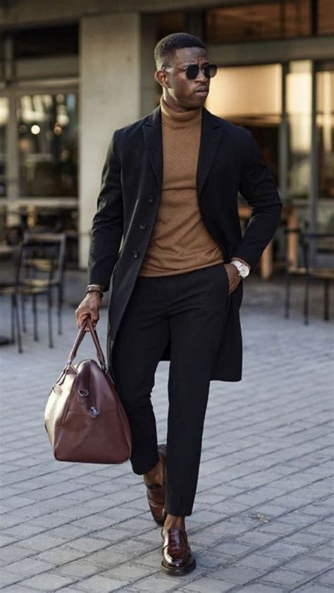 Black Long Coat Winter Attires Ideas With Black Suit Trouser Brown Turtleneck Black Coat