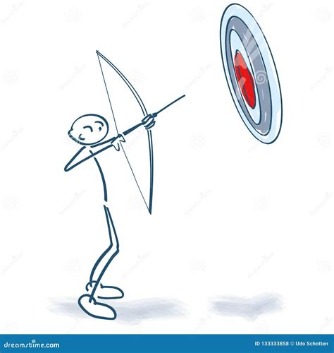 Stick Figure Aims A Target With Bow And Arrow Vector Illustration