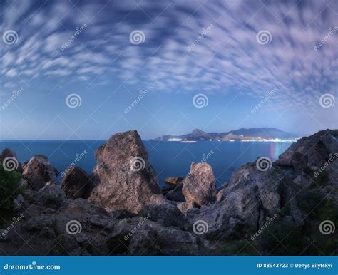 Majestic High Rocks Stones Glowing Moonlight Stock Photos Free