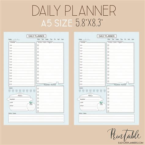 A5 Planner Inserts Printable Daily Planner Pages Daily Agenda A5