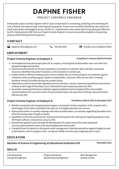 Project Controls Engineer Resume Cv Example And Writing Guide