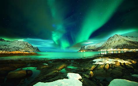 Islas Lofoten Noruega Las Luces Del Norte Montañas Mar Piedras