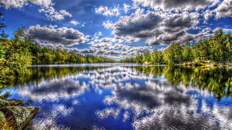 Download Wallpaper 1920x1080 River Summer Trees Sky Clouds Hdr