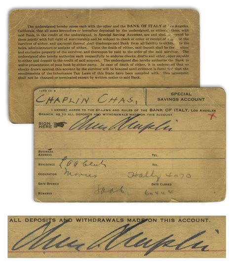 Charlie Chaplin Signed Bank Account Card 58214alg Hollywood