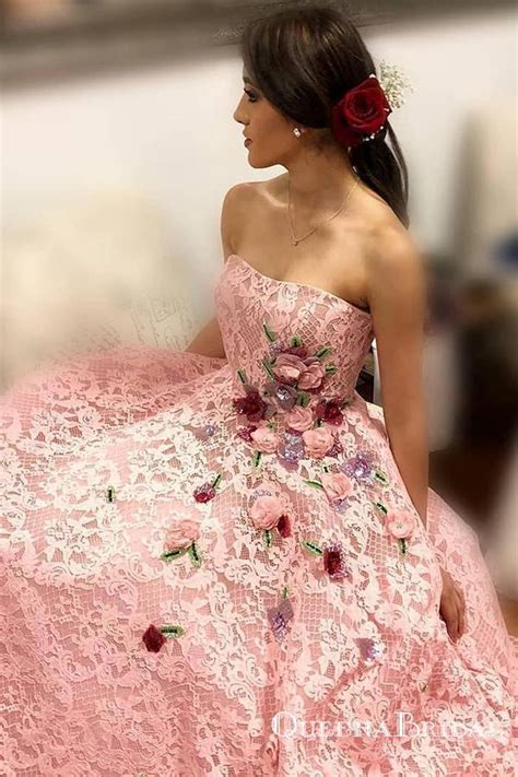 Strapless Pink Lace Long Ball Gown With Floral Embroidery Cheap Prom Dresses Okj33 Okdresses