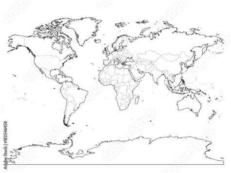 World Map Outline Thin Country Borders And Thick Land Contour On