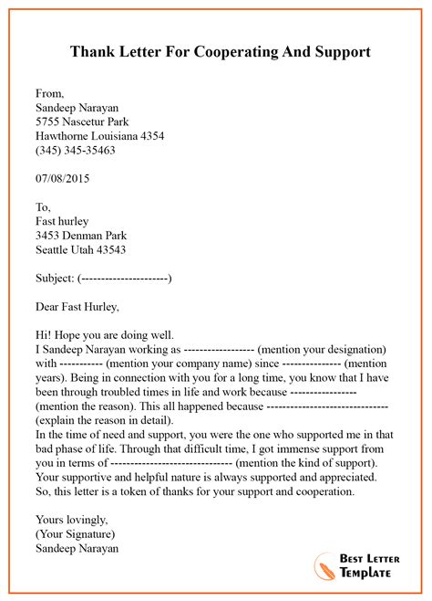 Thank You Letter Template For Support Sample And Examples