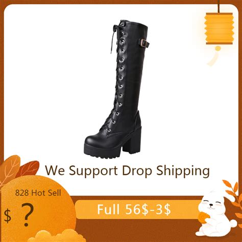 Youyedian Knee High Boots Womens Sexy High Heel Cross Tie Boots Thick Platform Square Heel Snow