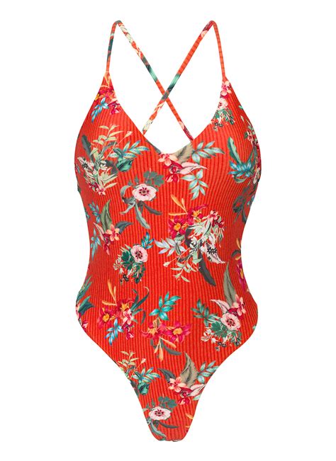 Red High Leg One Piece Swimsuit With Floral Print Wildflowers Sofia Rio De Sol