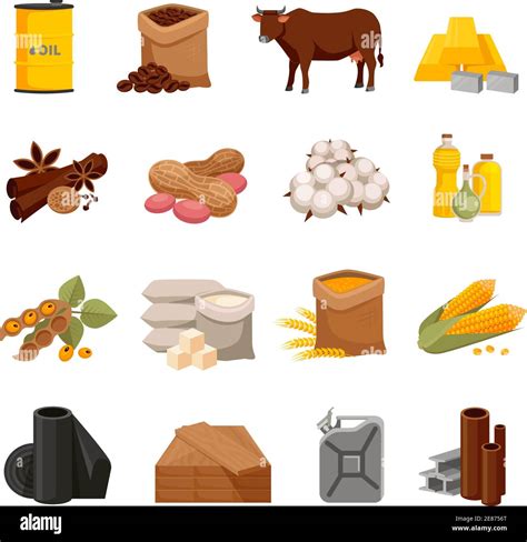 Various Commodities Flat Icons Set With Food Products And Materials On
