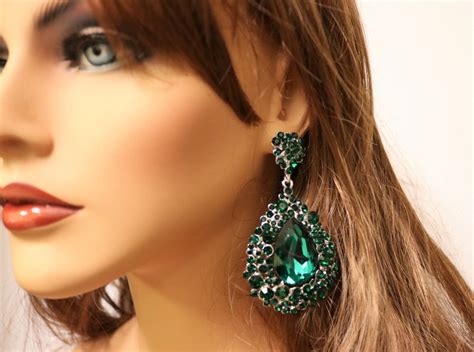 Teal Green Earrings Wedding Emerald Green Teardrop Rhinestone Etsy