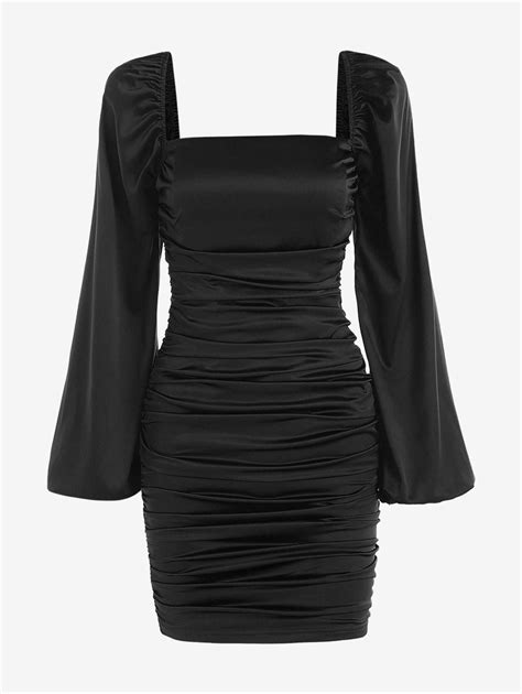 Satin Puff Sleeve Ruched Bodycon Dress Green Black Ruched Bodycon