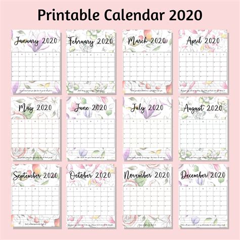 Printable Calendar 2020 In Beautiful Floral Designs