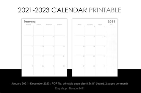 Printable Calendar 2021 2022 2023 Monthly Planner For 36 Etsy