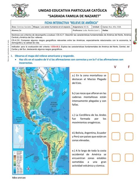 Ficha online de Relieve de América para 8vo Año EGB Puedes hacer los