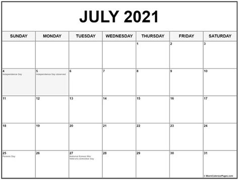 Collection Of July 2021 Calendars With Holidays July Calendar