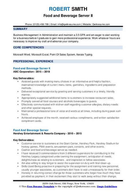 Writing a cv in today's world is a lot easier than it used to be now we have. Food And Beverage Server Resume Samples | QwikResume