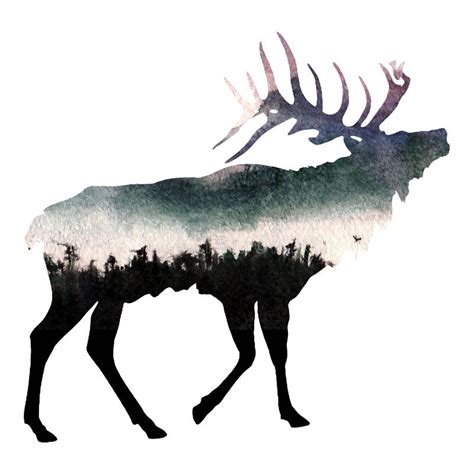 Silhouette Of Elk And Forest Double Multiple Exposure Watercolor