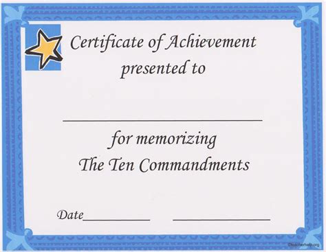 A Certificate That Can Be Given For Memorizing The Ten Commandments And