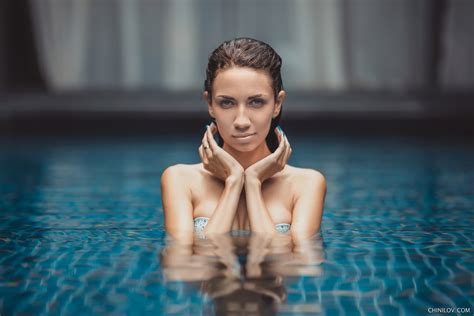 Women Tanned Wet Body Wet Hair Portrait Swimming Pool Bikini Top Depth Of Field