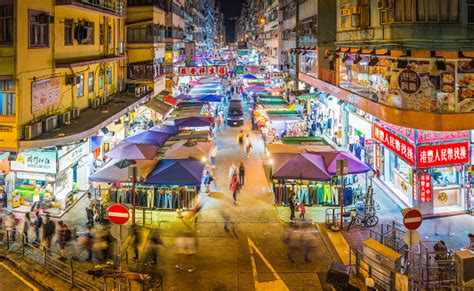 Hong Kong Busy Night Market Crowded Streets Of Kowloon China Stock