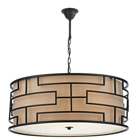 Art Deco Hanging Ceiling Light With Bronze Frame And Taupe Linen Shade