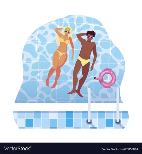 Interracial Couple With Swimsuit Floating In Pool Vector Image