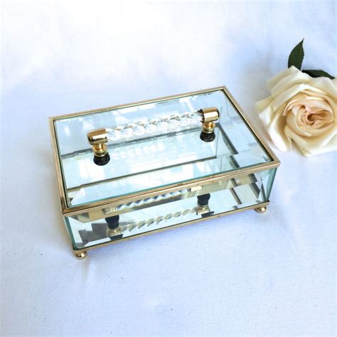 Glass And Brass Beveled Glass Jewelry Box Trinket Box Mirrored Etsy Glass Jewelry Box