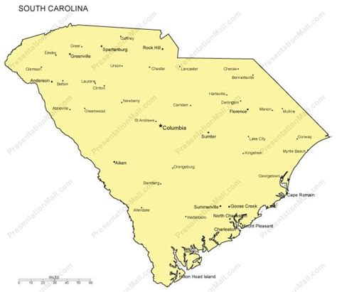 South Carolina Outline Map With Capitals And Major Cities Digital Vector Illustrator Pdf Wmf