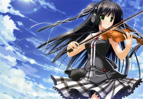 Anime Girl Form Violin Headphones Sky View Wallpaper