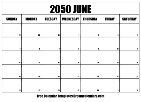 June 2050 Calendar Free Blank Printable With Holidays